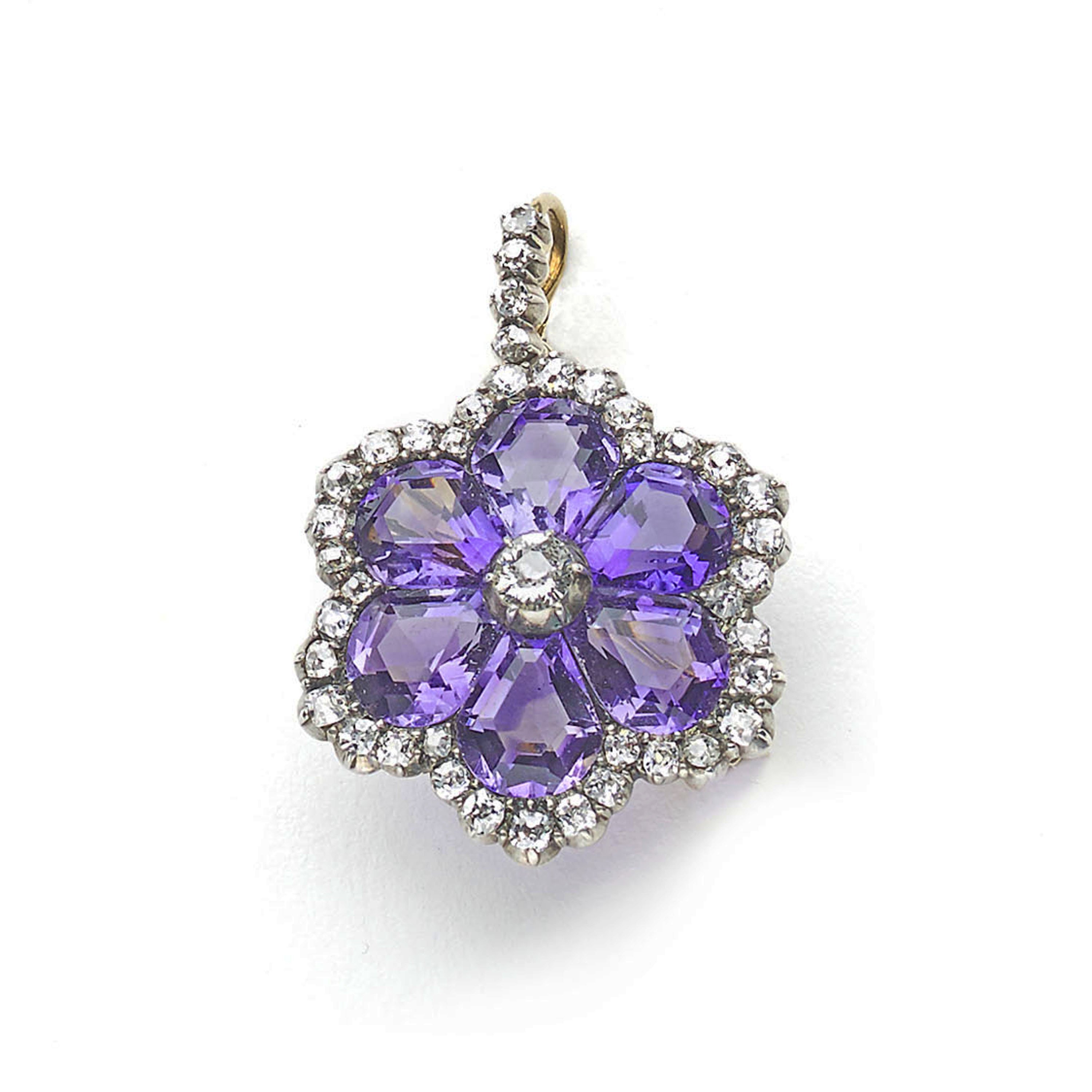 Amethyst and Diamond Flower Brooch