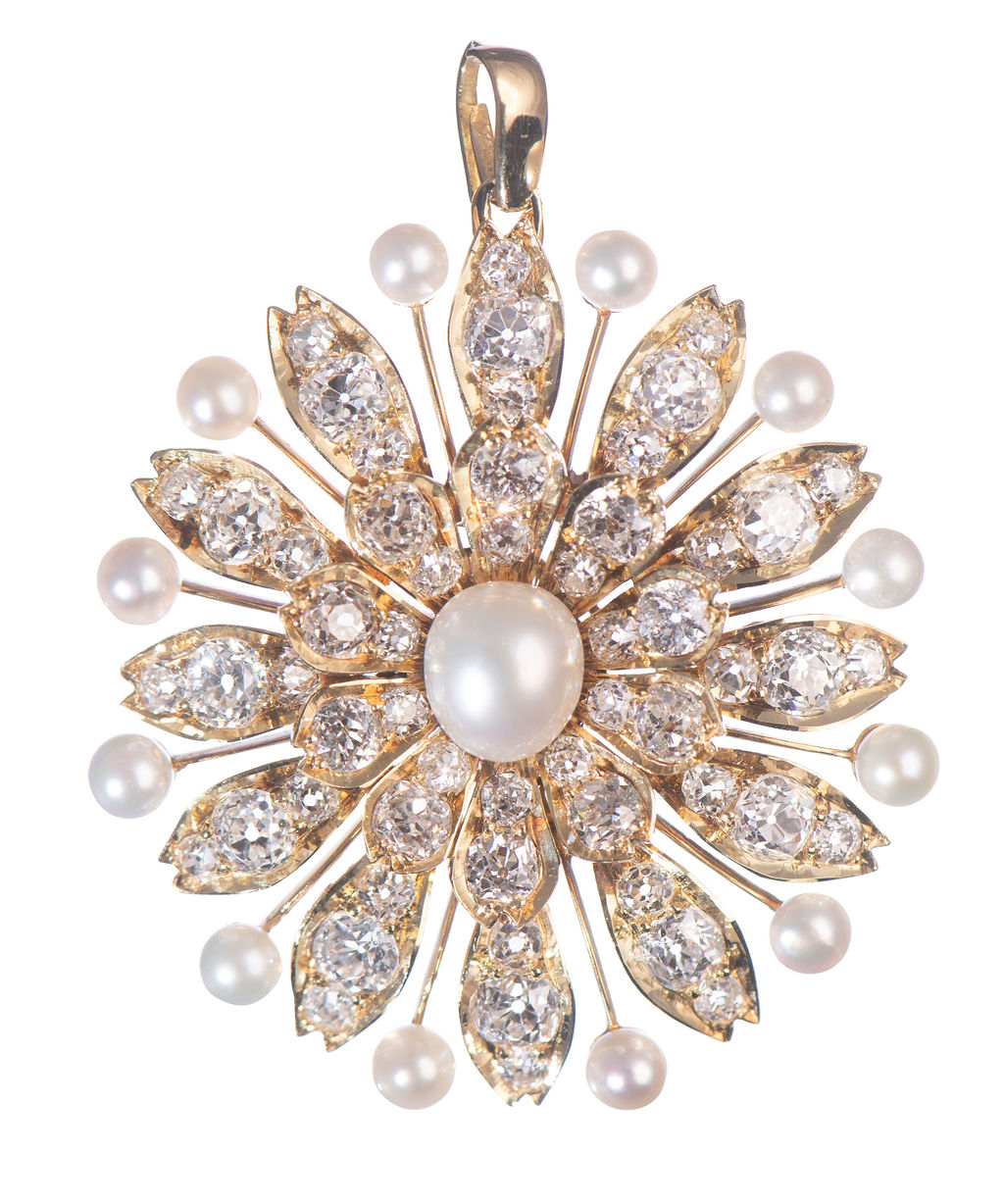 Natural Pearl and Diamond set Brooch Pendant